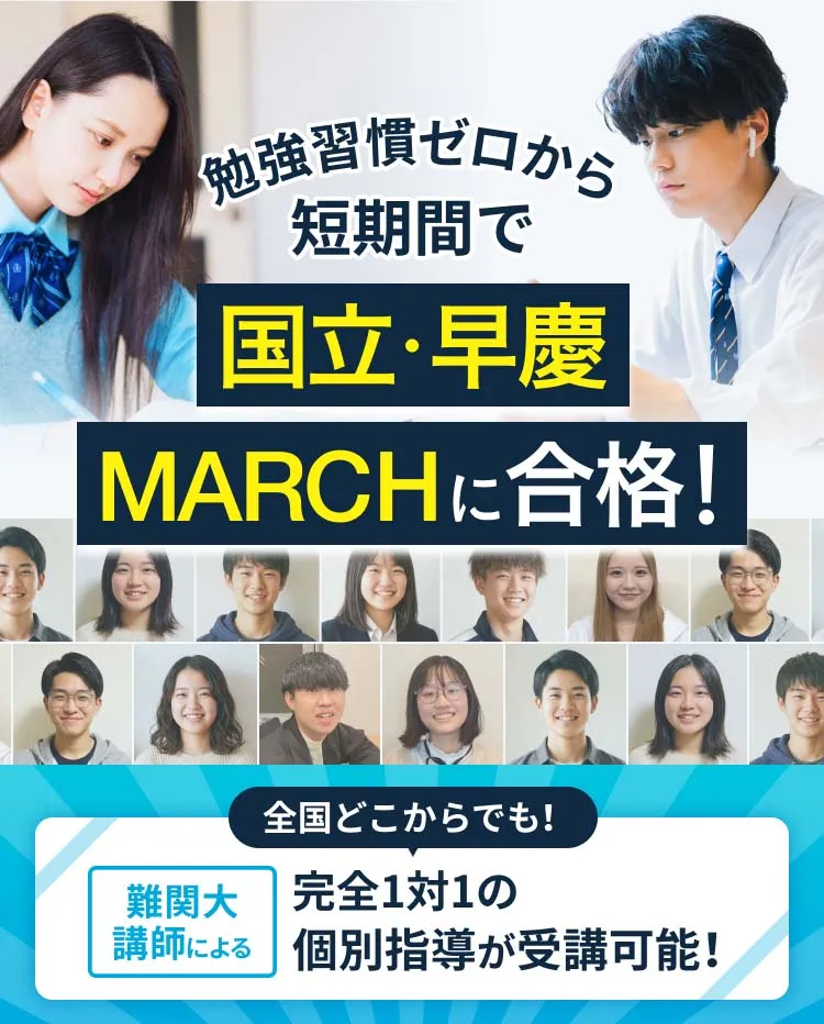 勉強習慣ゼロから短期間で国立・早慶MARCHに合格！全国どこからでも難関大講師による完全1対1の個別指導が受講可能。