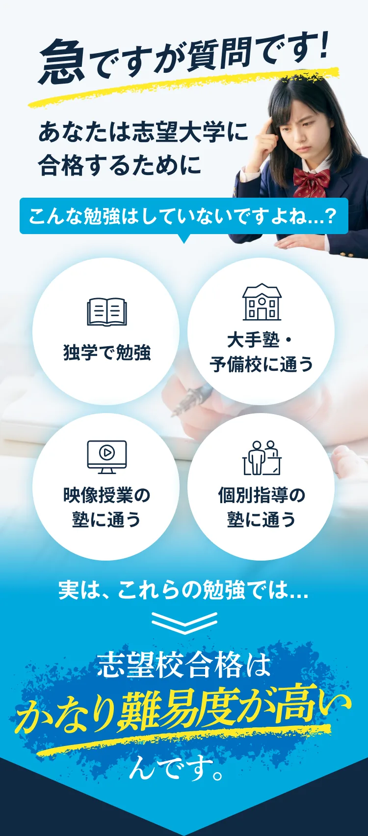 急ですが質問です！あなたは志望大学に合格するためにこんな勉強はしていないですよね…？独学で勉強／大手塾・予備校に通う／映像授業の塾に通う／個別指導の塾に通う。実は、これらの勉強では志望校合格はかなり難易度が高いんです。