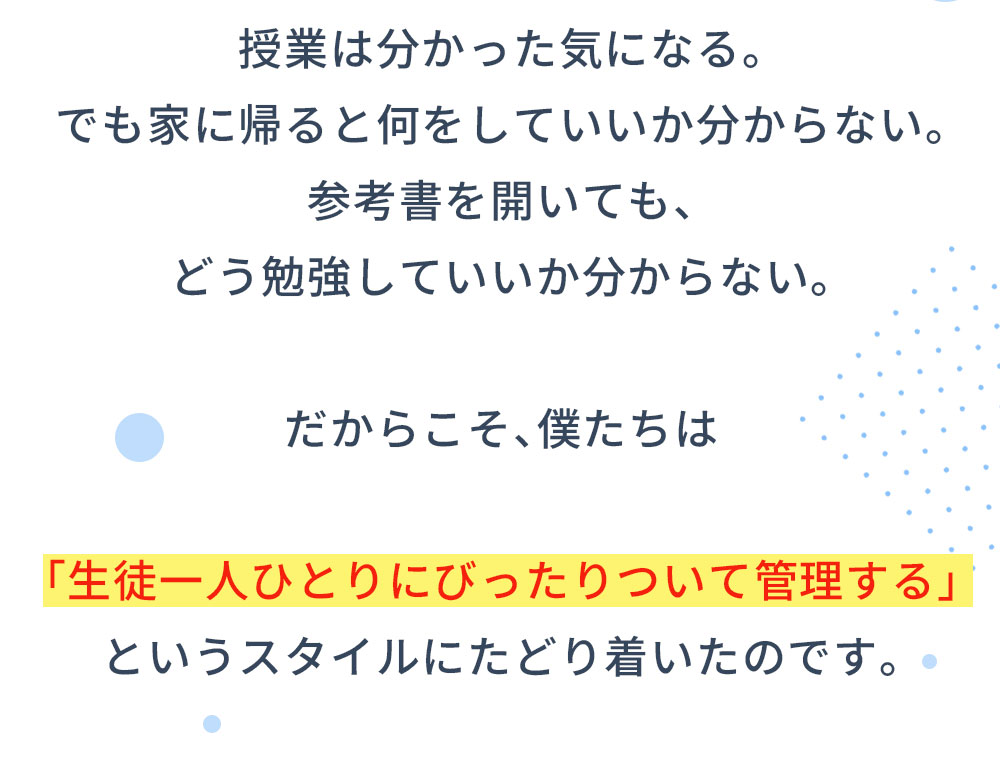 授業は分かった気になる。でも家に帰ると何をしていいか分からない。参考書を開いても、どう勉強していいか分からない。だからこそ、僕たちは「生徒一人ひとりにびったりついて管理する」というスタイルにたどり着いたのです。