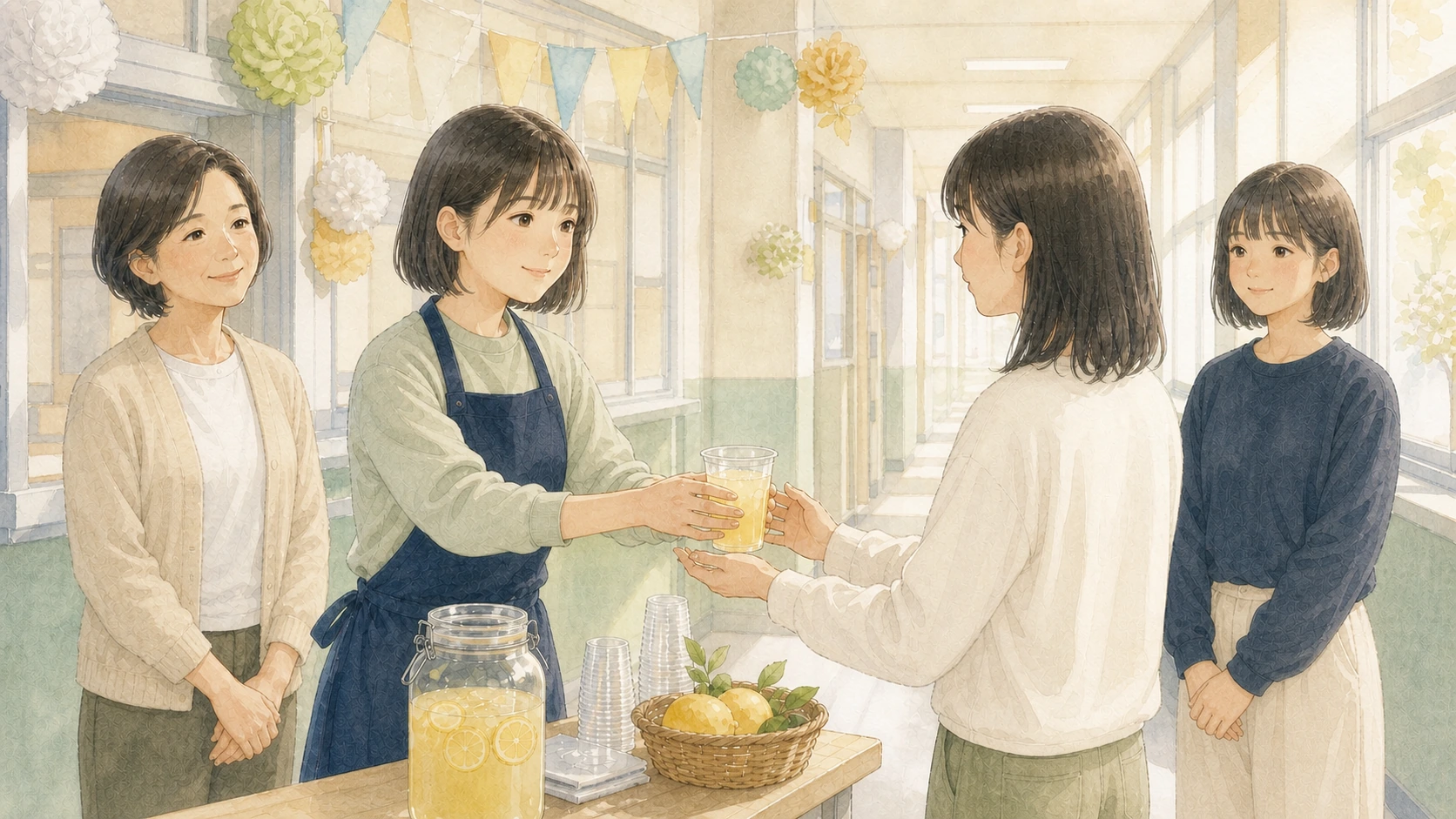 文化祭でレモネードを手渡す高校生と、そばで見守る先生やクラスメイトのイメージ