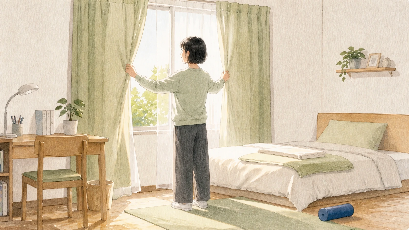 朝起きてカーテンを開け、生活リズムを整える高校生のイメージ
