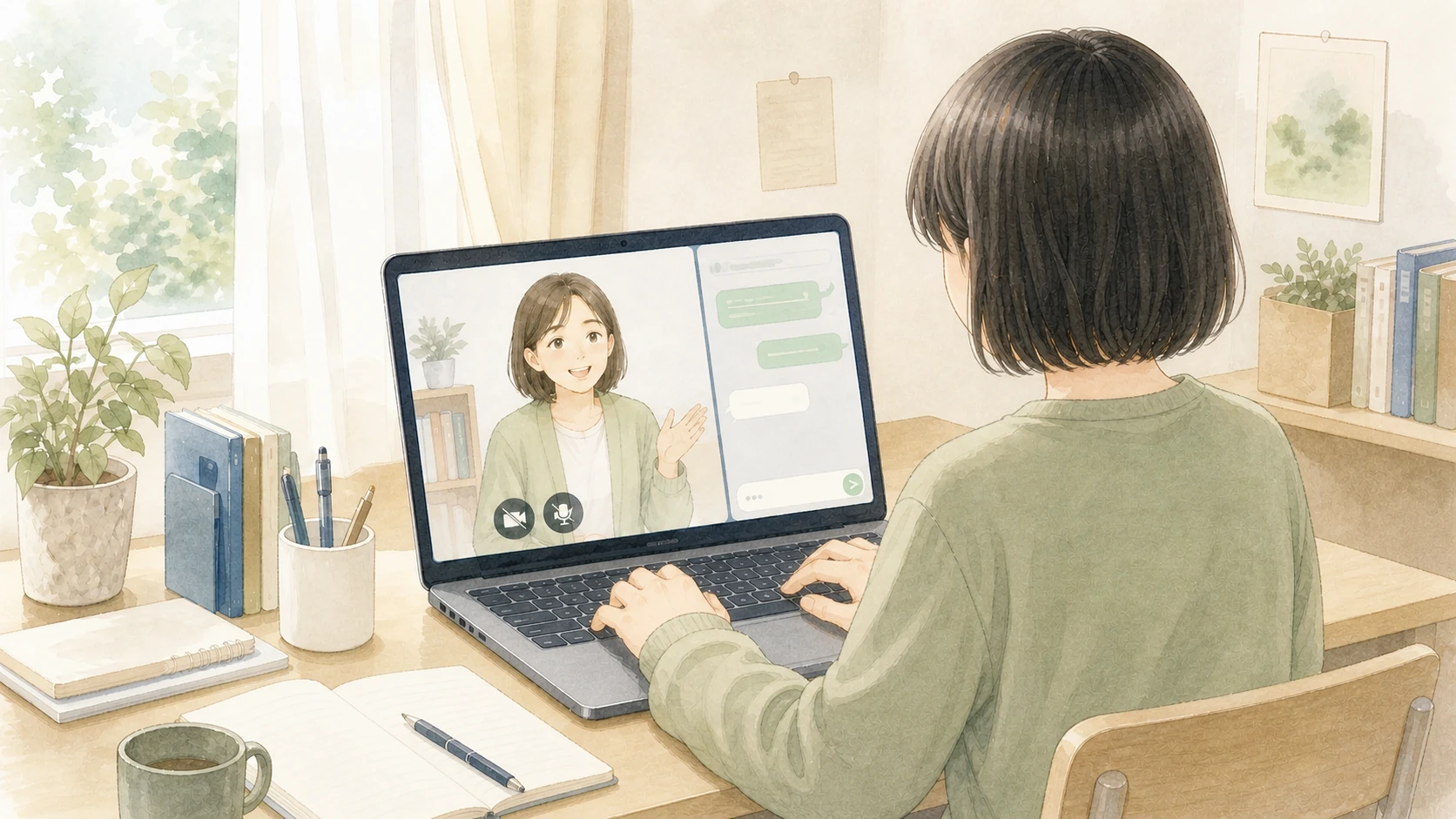 カメラとマイクを使わず、チャットで先生のオンライン面談に参加する高校生のイメージ