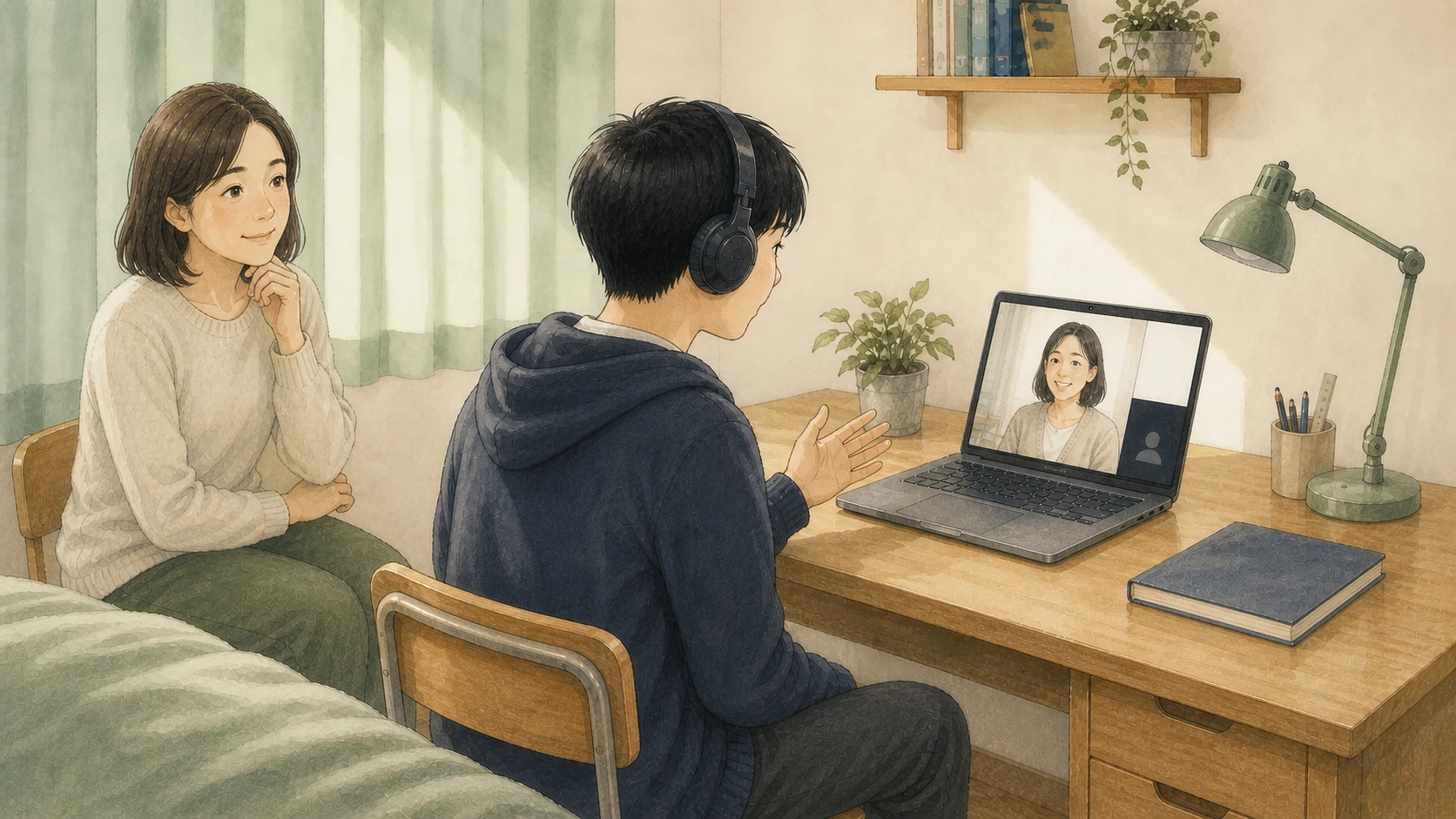 顔を出さないオンライン面談で、好きなゲームについて先生と話し始める高校生のイメージ