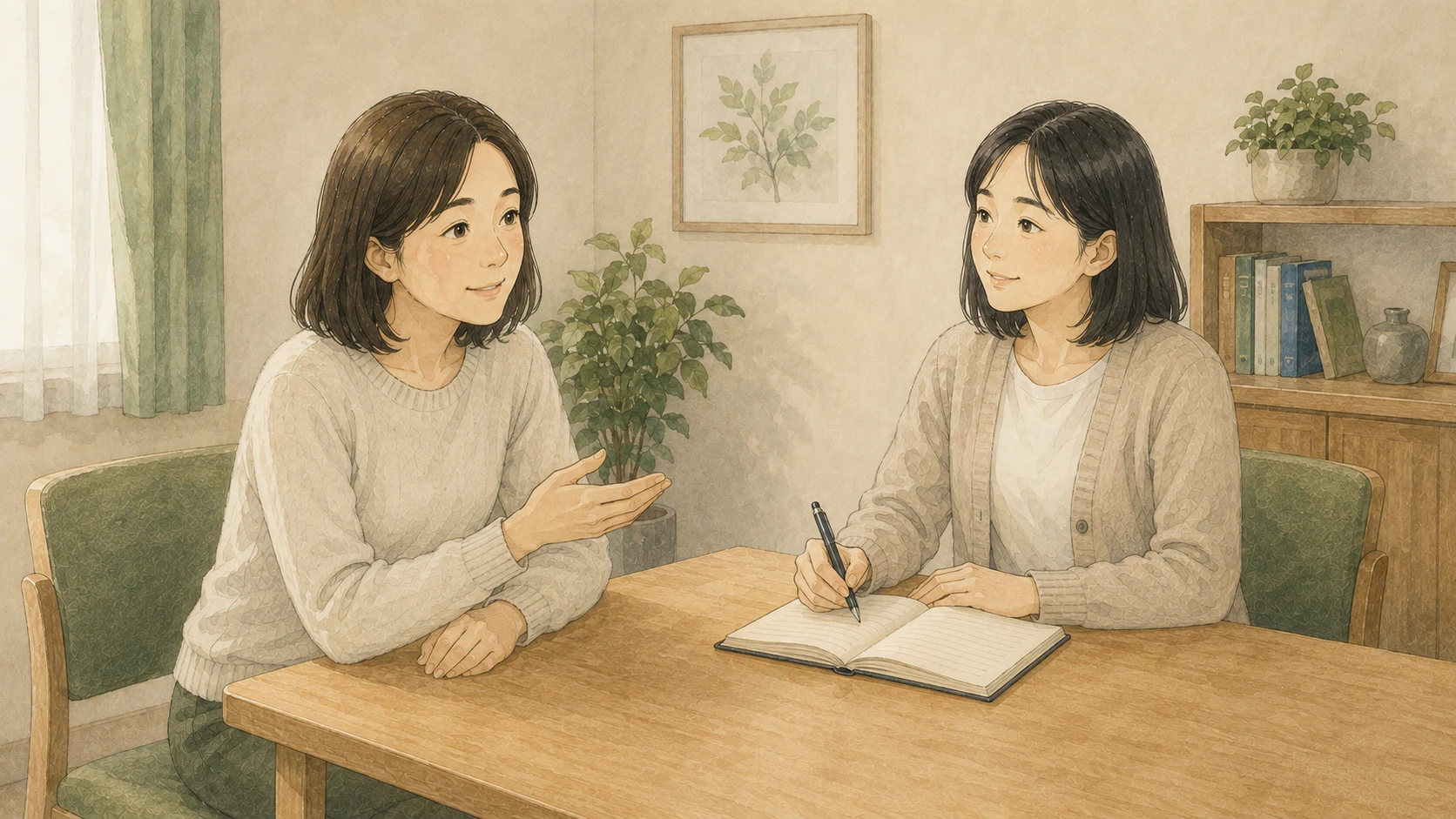保護者が先生に、Eさんの生活の様子や不安について相談している面談のイメージ