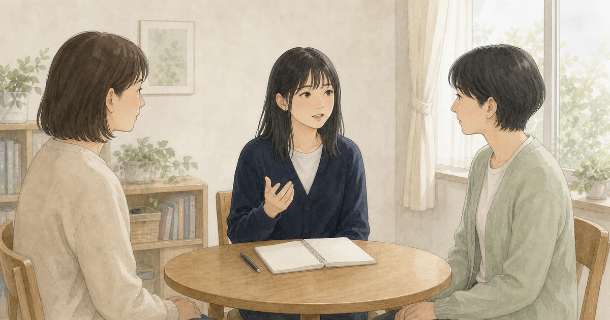 生徒本人、保護者様、先生が同じ目線で、今できる関わり方を一緒に考えている様子