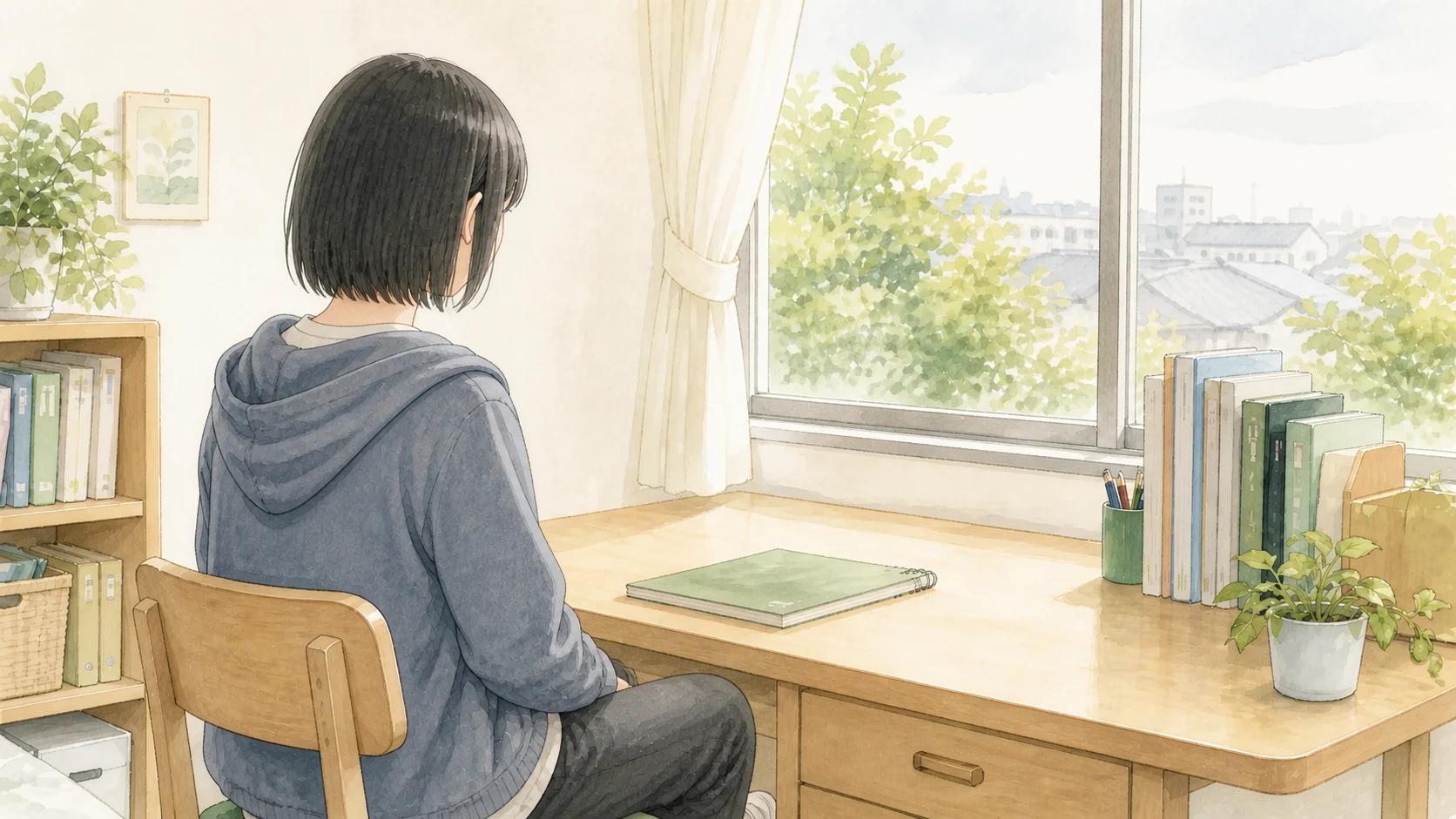 転入当初、学校への不安を抱えながら家で過ごす高校生のイメージ