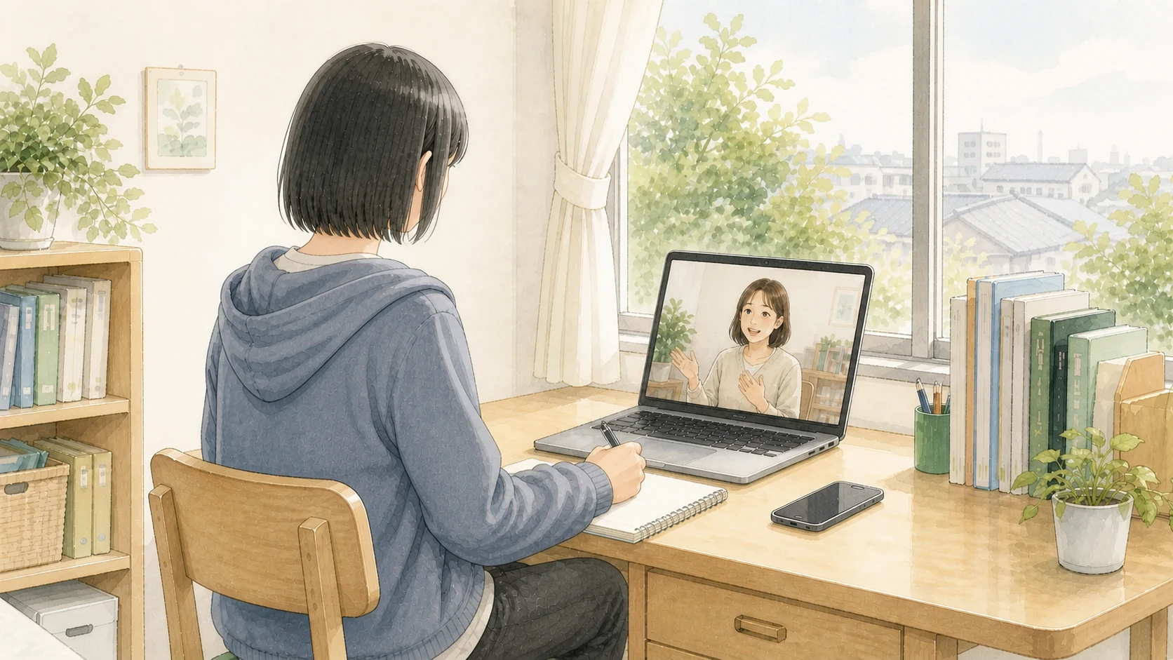 自宅から先生とオンラインで話す高校生と、机上のスマートフォンのイメージ