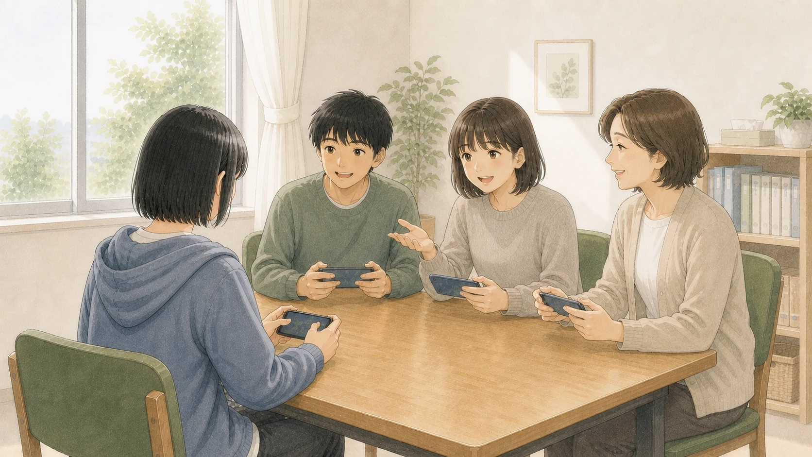 スマートフォンのオンラインゲームを通して、先生を含む少人数で過ごす高校生のイメージ